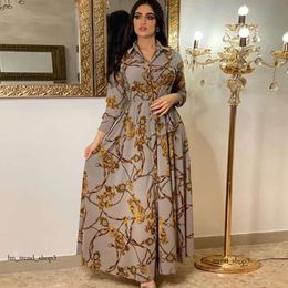 Casual Dresses Fashion French Elegant for Women Summer Retro Print Muslim Dubai Abaya Lapel Single-breasted Long Sleeve Shirt Dress 800