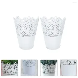 Vases 2 Pcs Pots For Plants Tin Flower Bucket Flowerpot Vase Stimulation Desktop Arrangement White