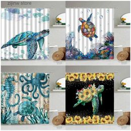 Shower Curtains Creative Sea Turtle Shower Curtains Watercolor Ocean Animals Coral Flowers Sunflower Printed Fabric Bathroom Curtain Decor Hooks Y240316