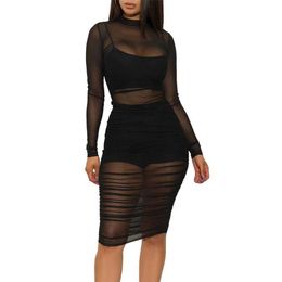 Basic Casual Dresses Sexy Mini BodyCon Dress Lace Mesh See Through Party Dresses Women Slim Clubwear Solid Long Sle Basic Fe OutfitsC24315