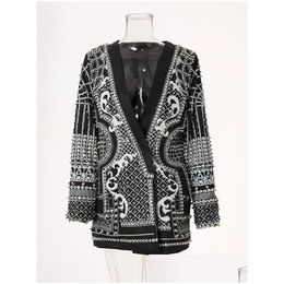 Womens Suits Blazers High Street Est Stylish Designer Jacket V-Neck Long Sleeve Luxurious Metallic Beaded Blazer 230920 Drop Delivery Dhyhq