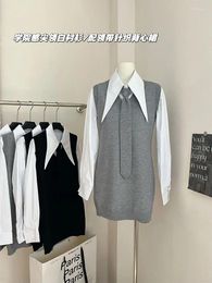 Work Dresses Japanese Fashion Outfits 2 Piece Set Office Lady Polo-Neck Blouses Simple Baggy Knitted A-Line Dress High-End Preppy Style Y2K