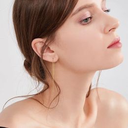 Delicate Japan Korean Long Tassel Linear Chain Earrings for Women, 14k Yellow Gold Ear Line Threader Dangle Earring