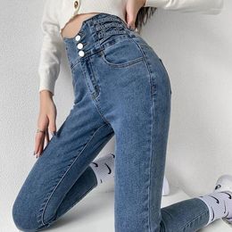 Women's Jeans High Waist Mom Women Boyfriends Straight Elastic Femme Cotton Slim Vintage 2024 Trend Denim Pants Vaqueros Mujer N40