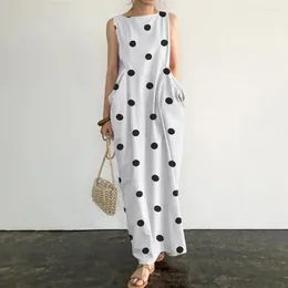 Casual Dresses Retro Maxi Dress Summer With Dot Print O Neck Big Pockets For Women Plus Size Soft Ankle Length Beachwear