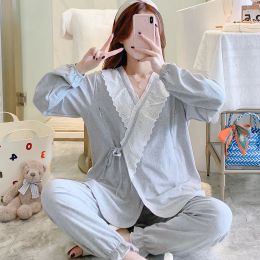 Sleepwear 65% Cotton Maternity Nursing Sleepwear Sets Lace V Neck Loose Pyjamas Suit Clothes for Pregnant Women Pregnancy Home Lounge Wear