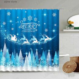 Shower Curtains Christmas Shower Curtains Abstract Santa Clause Moose Snowflake Winter Cedar Blue New Year Xmas Bathroom Decor Cloth Curtain Set Y240316