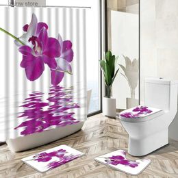 Shower Curtains Flower Scenery Shower Curtain Orchid Sunflower Green Plant Leaf Water Reflection Design Home Decor Bath Mat Toilet Lid Cover Set Y240316