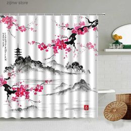 Shower Curtains Japanese Cherry Blossom Shower Curtains Pink Flowers Mountain Water Pavilion Asian Ink Landscape Cloth Bathroom Decor with Hooks Y240316