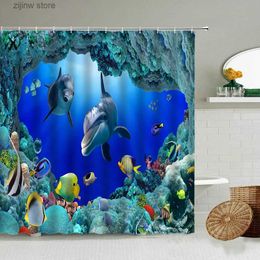 Shower Curtains Blue Ocean Dolphin Shower Curtain Deep Sea World Cute Fish Waterproof Screen Photography Background Cloth Bathroom Decoration Y240316