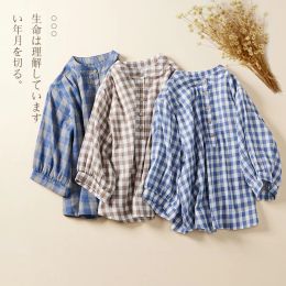 Tanks 7238# Summer Thin Plaid Double Gauze Cotton Maternity Blouse 7/10 Sleeve Loose Shirt Clothes for Pregnant Women Pregnancy Tops