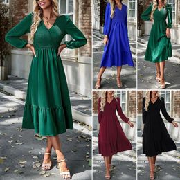 Casual Dresses Spring Autumn Blue Long Women Fashion V Neck Ruffled Dress Ladies Elegant Loose Puff Sleeve Maxi