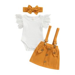 Sets Infant Baby Girls Summer Outfit Sets White Flying Sleeve Ribbed Romper + Solid Colour Suspender Skirt + Headband 3pcs