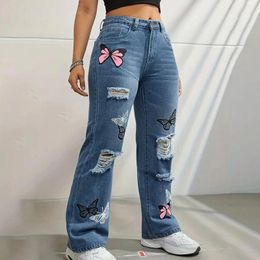 Women's Jeans High Waisted Wide Leg Hole Womens' Fashionable Streetwear Thin Printed Slacks Womens Oversized Denim Trousers