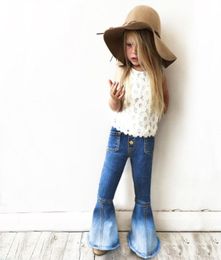 Girls039 Denim Jeans Boot Cut Shinny Trouser Legs Gradient Denim To White Contrast Patchwork Little High Elastic Waist Fashion 4885555