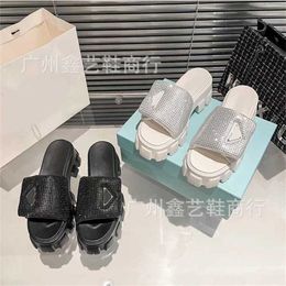 27% OFF Sports shoes 2024 P Family Water Diamond Thick Sole Slippers for Womens Summer New External Wear Triangle Mark Round Head One line Cool Drag Matsuke Shoes