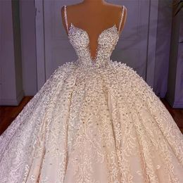 Gorgeous Ball Gown Wedding Dress 2024 Puffy Tulle Lace Beaded Crystal Pearls Long Formal Luxury Bride Gown Custom Made Vestidos De Novias