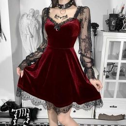 Basic Casual Dresses E-girl Grunge Gothic Black Mini Dress Lace Trim High Waist Bodycon Dress Y2K Women 90s Vintage Punk Harajuku Lolita ClothesC24315