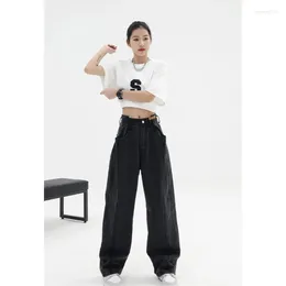 Women's Jeans Women Baggy Long Harajuku Black Wide Leg Trousers Streetwear Vintage High Waist Denim Pants Big Pocket Y2k Feamle N27