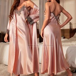 Women's Sleepwear Female Long Twinset Robe Set Nightgown Spring Summer Kimono Bathrobe Gown Sexy Lace Trim Nightdress Satin Home Wear