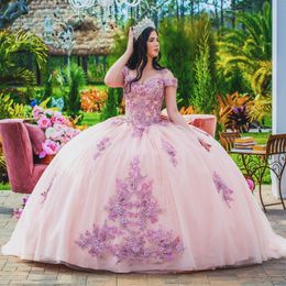 Luxury Pink Quinceanera Dress 2024 Applique Lace Tull Princess Ball Gown Sweet 15 Vestidos De XV Anos Party Gown