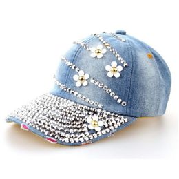 New Fashion Women Denim Washed Rhinestone Baseball Cap With Floral Jeans Simulation Diamond Caps Snapback Hats Hip Hop Hats267N