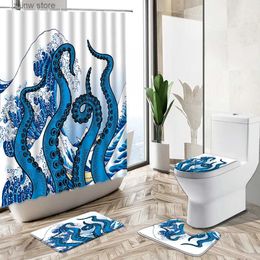 Shower Curtains Fun Octopus Pattern Waterproof Bathroom Shower Curtain Set Ocean Animal Creative Wave Print Non-Slip Pedestal Rug Toilet Cover Y240316