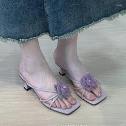 Slippers Flower Sexy Women Square Toe Heels Shoes Summer Sandals 2024 Designer Flip Flops Dress Party Pumps Femme Zapatos Slides