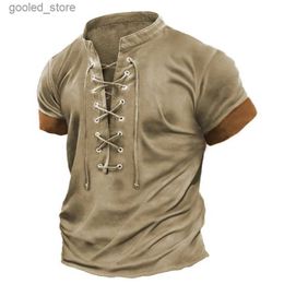 Men's T-Shirts 2023 Summer Mens Casual Solid Color Short sleeved T-shirt Fashion Mens Retro Brushed Lace up Vertical Collar Loose Top Q240316