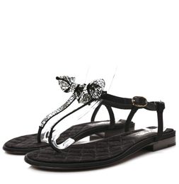 Italy Summer Crystal Bow Thong Sandals Shoes Grosgrain Velvet White Black Comfort Lady Flip Flops Walking EU35-40 Original Box