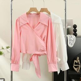 Women's Blouses Korean Fashion Woman Blouse 2024 V-neck Cross Strap Shirt Women Fall Slim-fit Short Long-sleeved Lapel Casual Top