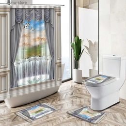 Shower Curtains 3D Window Scenery Printing Shower Curtain Set Forest Waterfall Ocean Beach Landscape Bath Mat Toilet Lid Cover Bathroom Carpet Y240316