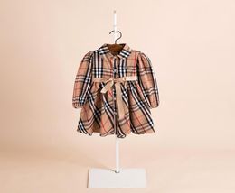 Brand girls plaid dress spring designer kids clothes girls ribbon belt lattice dress children lapel Singlebreasted long sleeve dr5629038