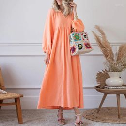 Casual Dresses Women Elegant V-neck Solid Long Dress Lantern Sleeve Loose Party Fashion Hight Waist Cotton Linen Maxi