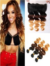 Body Wave 1b 4 27 Honey Blonde Human Hair Bundles With Lace Frontal Closure Dark Roots Hair Wefts With Lace Frontal 1343158464