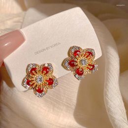 Stud Earrings Colorful L French Light Luxury Red Flowers S925 Sterling Silver For Women Girl Wedding Party Fashion Jewelry Gifts