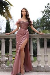 Elegant Dusty Pink Mermaid Evening Dresses Off the shoulder Beads Sequins Tassel High Split Satin Party Occasion Gowns Prom Wears BC18390