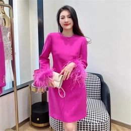 Casual Dresses Luxury Handmade Ostrich Feather Silk Women's O Neck Long Sleeve Wool Rose Red Short Dress A-Line Vintage Party Wear 2024