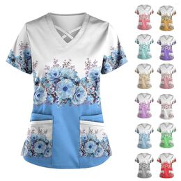 Women's T Shirts Autumn T-Shirt Fashion V Neck Cross Retro Printed Uniform With Pocket Short Sleeve Pullover Ropa Aesthetic