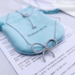 Designer tiffay and co Full Diamond Pendant S925 Sterling Silver Bow Necklace Live Broadcast Sweet Clavicle Chain Female INS Cold Wind