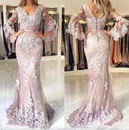 2024 Lavender Sexy V Neck Mermaid Long Evening Dresses with Long poet Sleeves Tulle 3D Lace Applique Sweep Train Formal Party prom Gowns