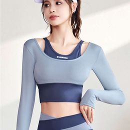Women Sports Shirt Fake Two Pieces Contrast Crop Tops Tights Gym Yoga Shirts Sportswear Fiess Running Training Tank Top