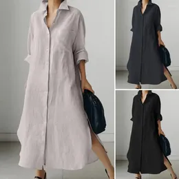 Casual Dresses Spring Dress Buttoned Shirt Solid Color Maxi With Irregular Split Hem Single-breasted Lapel For Women's