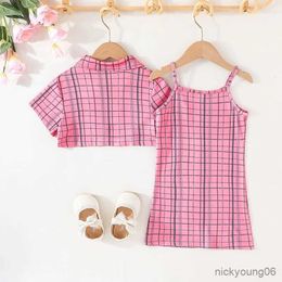 Clothing Sets Clothing Set For Kid Girl 3-7 Years old Short Sleeve Blouse Plaid Suspenders Skirt Princess Dresses Summer Outfit For Baby Girl