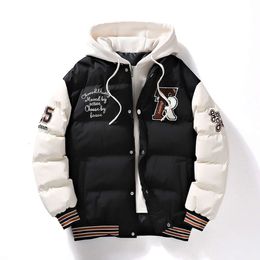 Men's Winter Fashion Trendy and Fake Two-piece Hooded Letter Printed Bread Couple Cotton Jacket