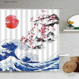 Shower Curtains Ink Landscape Shower Curtains Red Flowers Plants Sun Sea Wave Mount Fuji Creative Scenery Bath Curtain Fabric Bathroom Decor Set Y240316