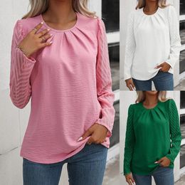 Women's Blouses Fashion Pleated Collar Mesh Sleeves Stitching Women Blouse Spring Crew Neck Long-sleeves Lady Office Pink Shirts Elegant
