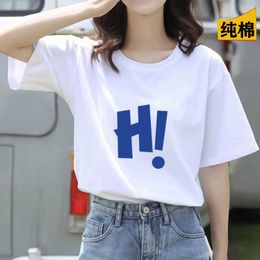 White pure cotton short sleeved t-shirt for womens summer loose round neck casual 2024 new printed shoulder top