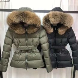 Monclair Womens Down Jacket Winter Jackets Coats Real Raccoon Hair Collar Warm Fashion Parkas with Belt Lady Cotton Coat Outerwear Big Pocket {category}