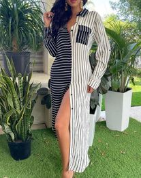 Casual Dresses Womens 2024 Spring Summer Fashion Striped Colorblock Long Sleeve Turn-Down Collar Daily Mini A Line Shirt Dress